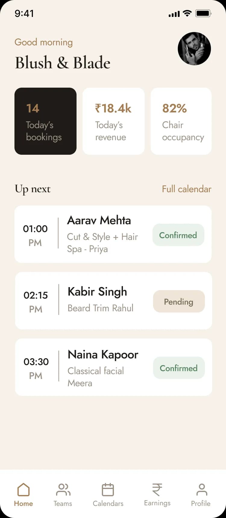 Bookord Salon Manager — appointments screen
