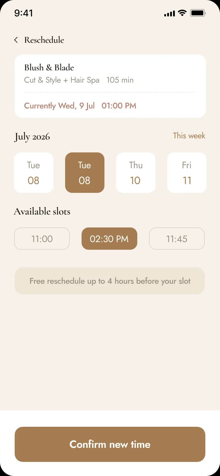 Bookord booking screen showing available time slots