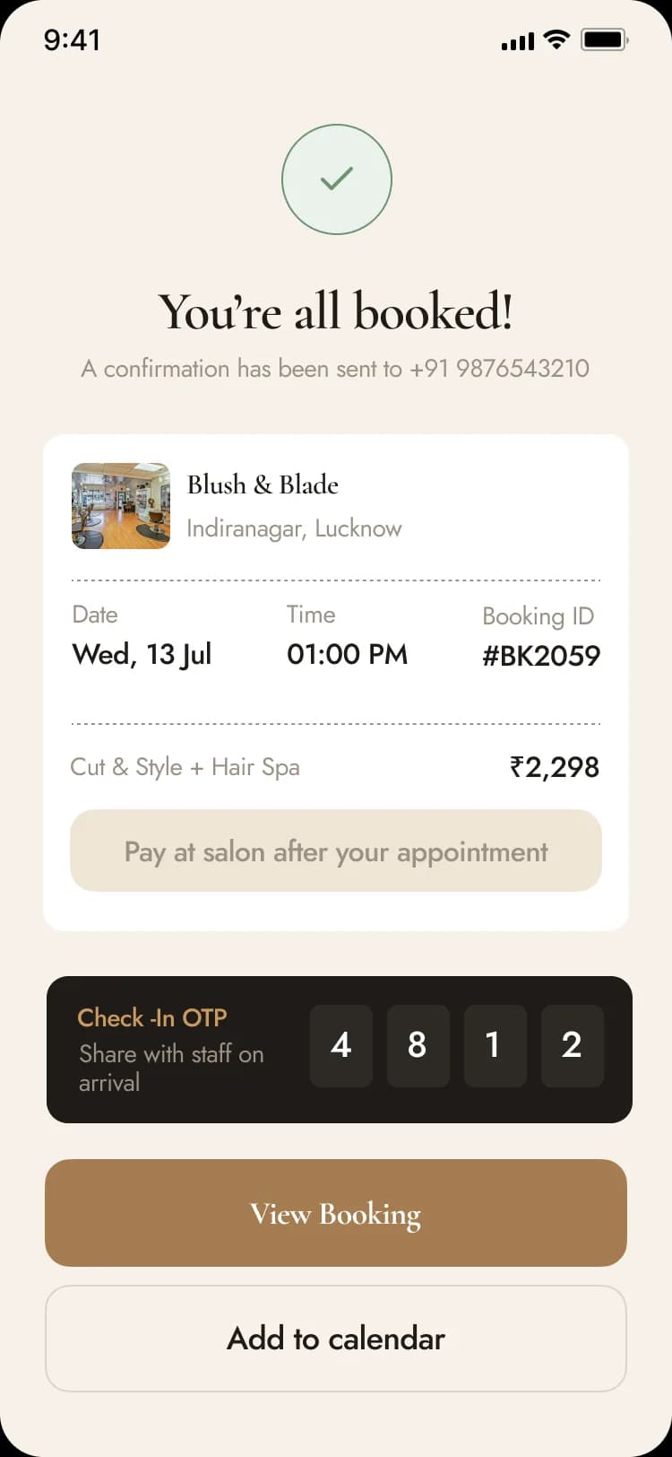 Bookord booking confirmation screen